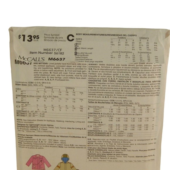 McCall's M6637 Child's Lined Jackets Pants Mittens Pttrn Size CF 4 - 5 - 6 UNCUT - Picture 5 of 6